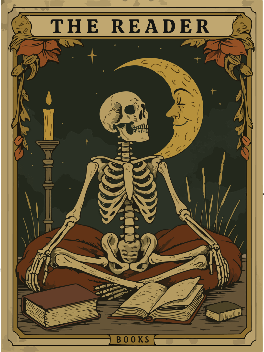 Skeleton reading tarot cards on a unisex tee