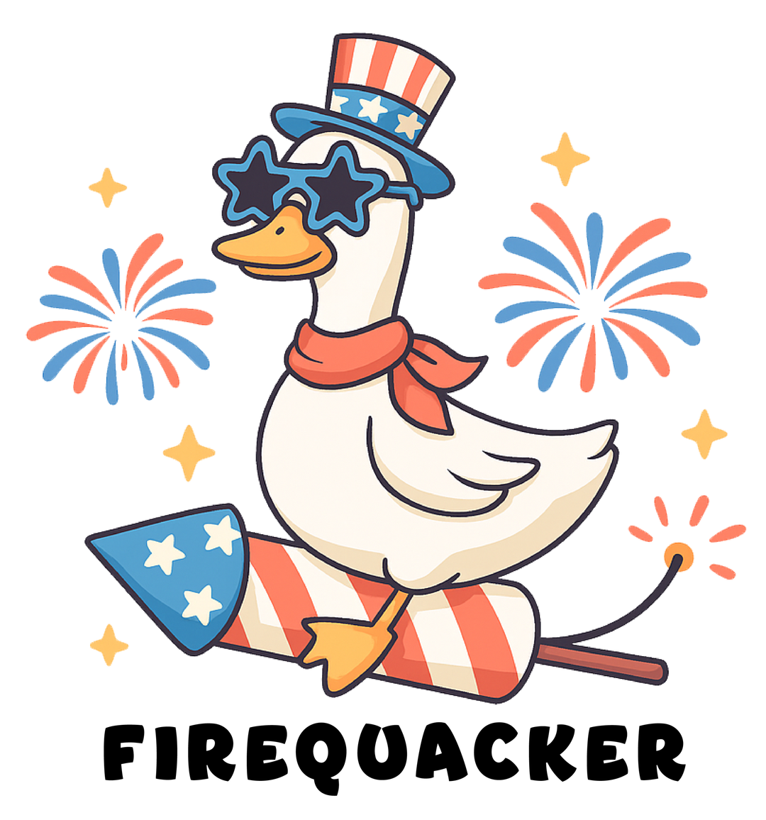Cartoon goose riding a firework rocket for 4th of July