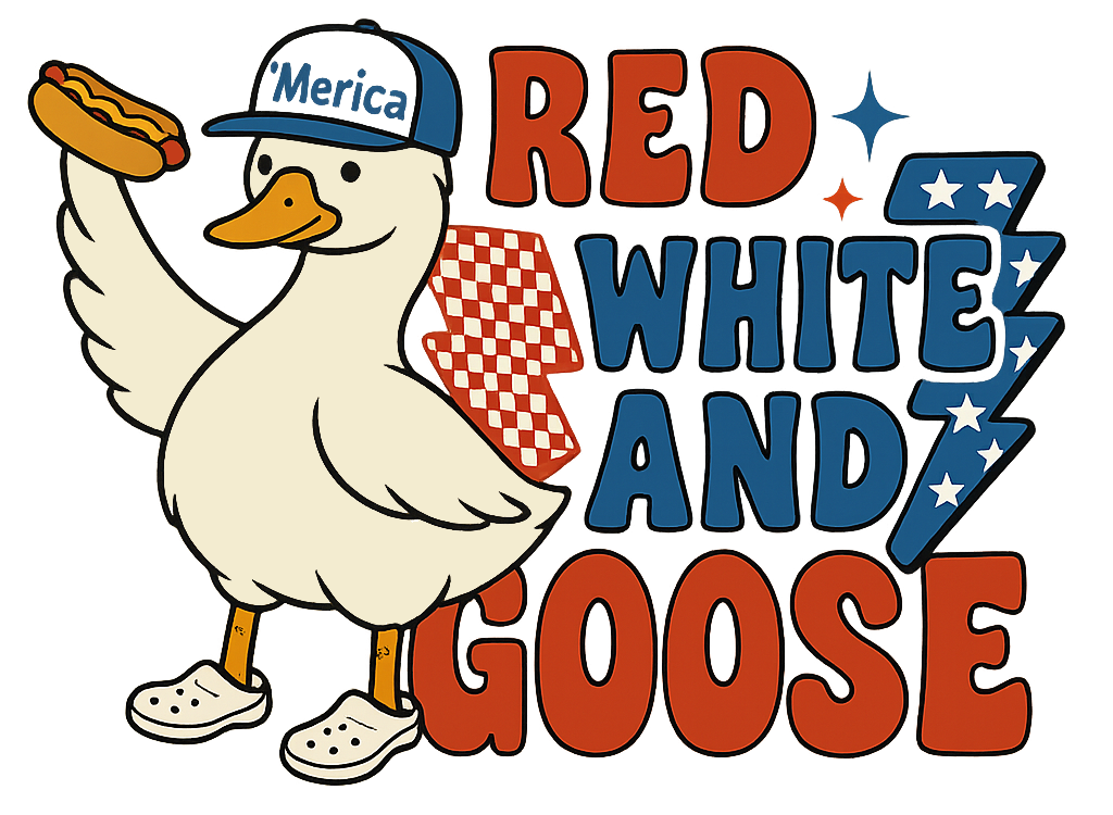 Patriotic goose design with hat and hot dog
