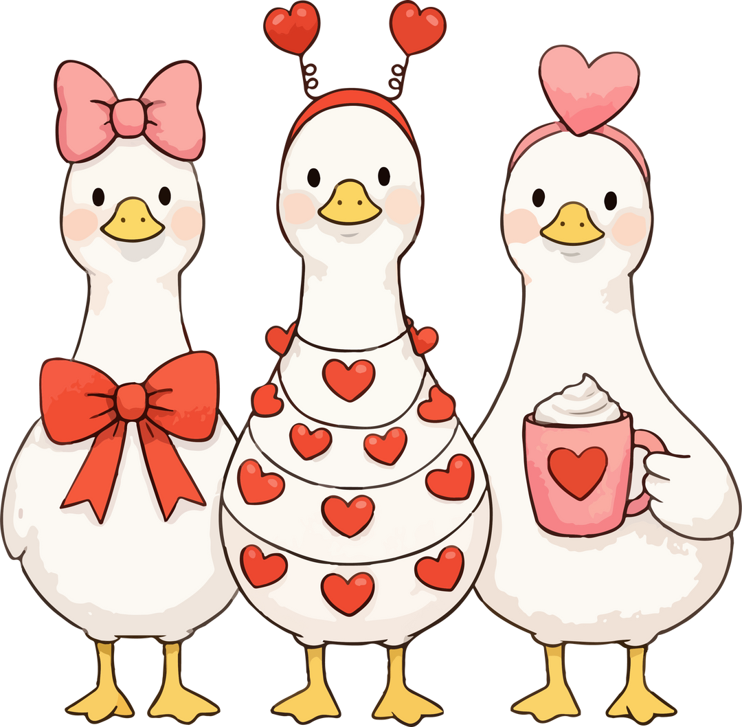 Three cute ducks with heart jewelry